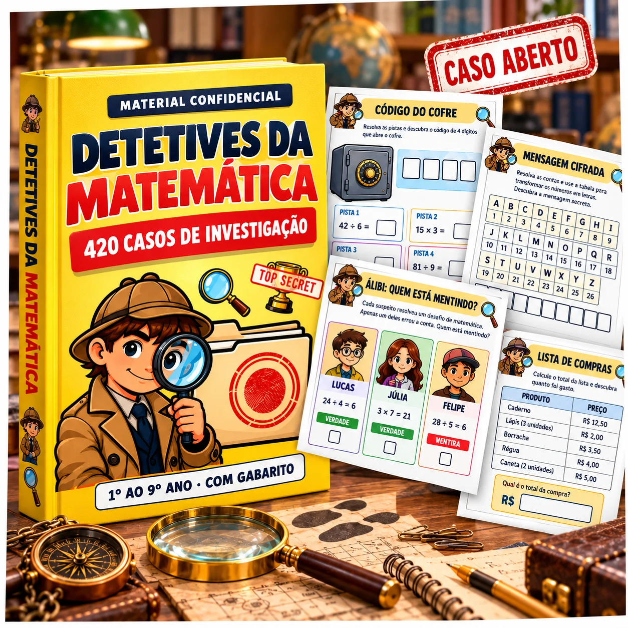 Detetives da Matemática · Mockup do kit (capa + folhas)